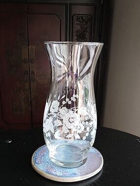 Vintage Clear Floral Etched Glass Vase